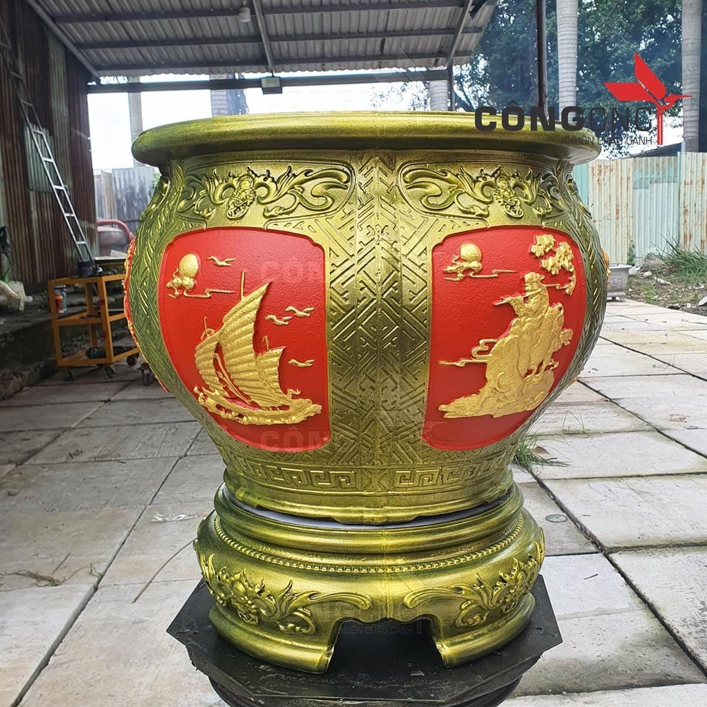 Khuôn chậu tròn chum 60 họa tiết thuyền_ mục đông chăn trâu kèm chân đôn