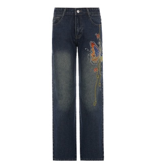 Quần ống loe denim cạp thấp thêu