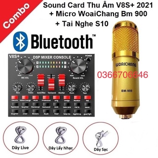 Bộ mic thu âm bm900 sound card v8s có bluetooth, pin, combo livestream v8s có auto-tune
