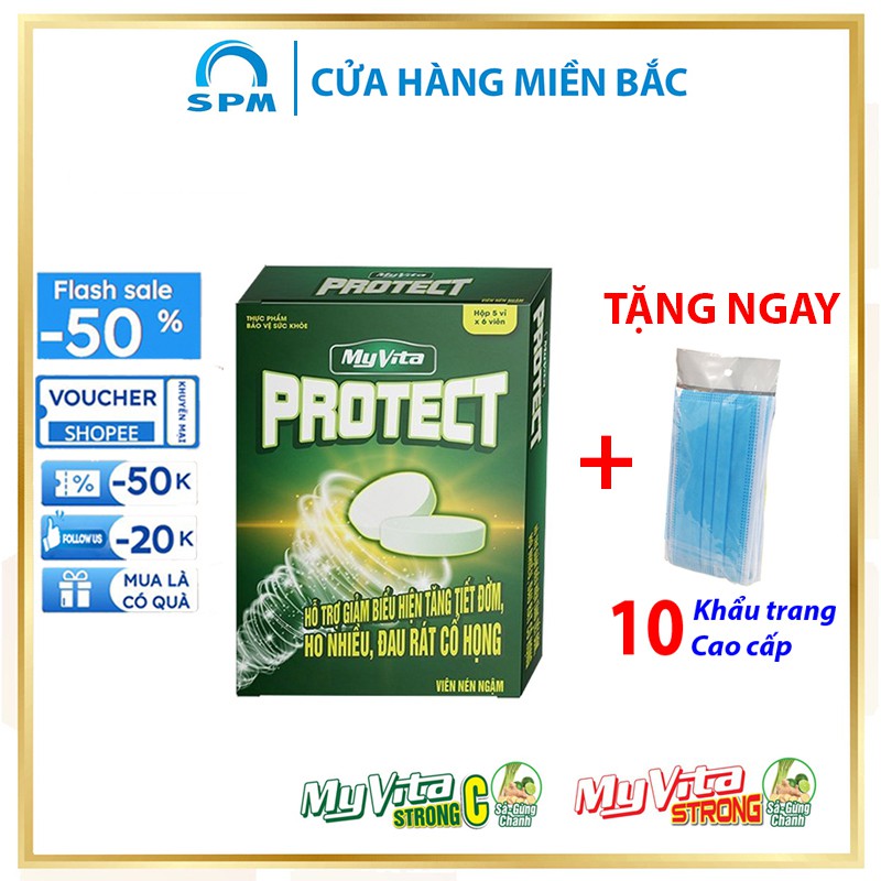 Viên ngậm ho Myvita Protect - Hộp 30 viên - Sát trùng mũi họng, bổ phế, giảm ho, khản tiếng...Tăng cường sức đề kháng