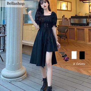 Bella🌻Đầm🌼thời trang hàn quốc váy ngắn tay màu đen với cổ vuông không đều mỏng thanh lịch váy phụ nữ