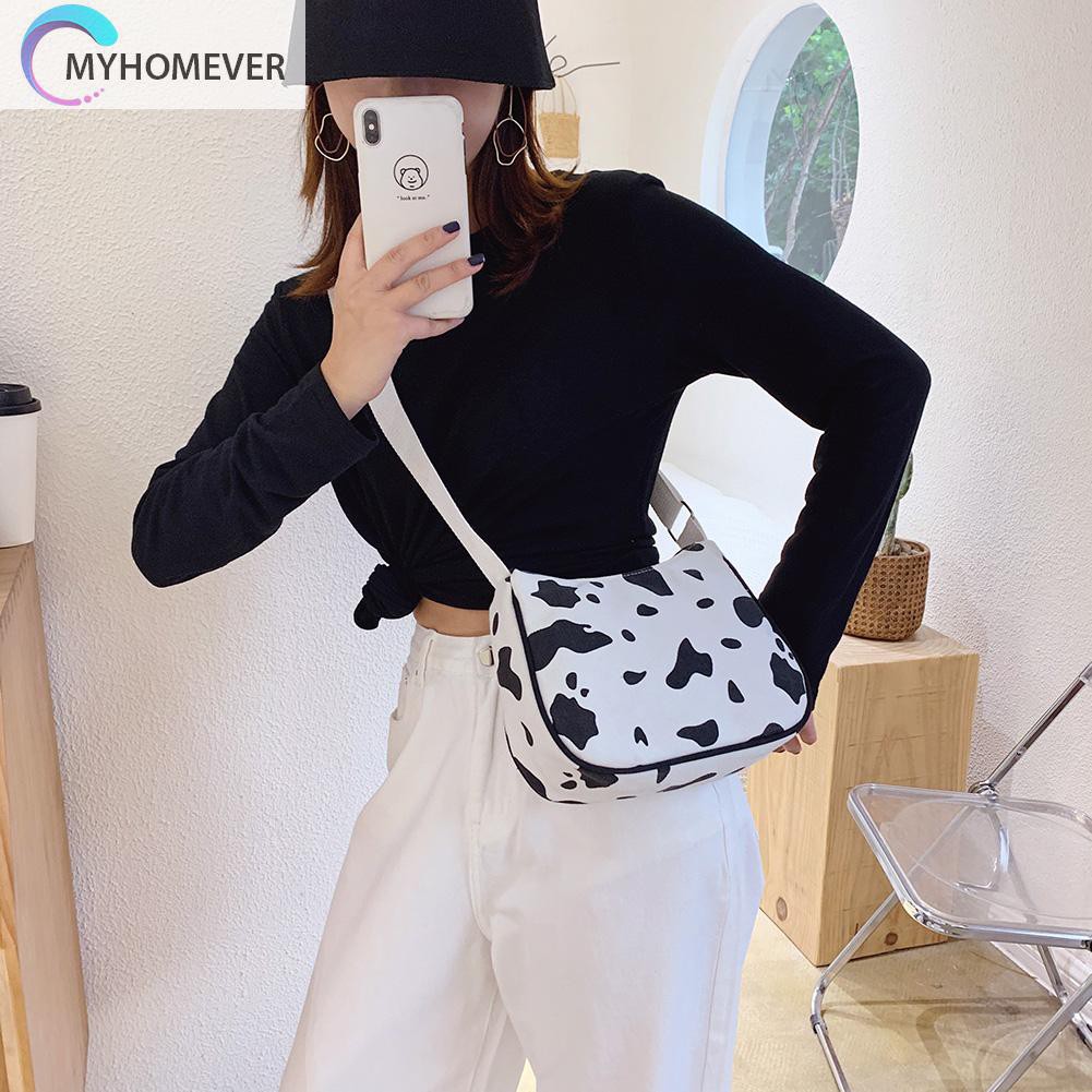 Túi Vải Canvas Đeo Chéo In Họa Tiết Bò Sữa Xinh Xắn Dành Cho Nữ