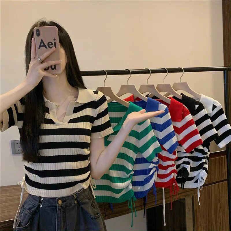Áo len cộc tay kẻ, áo len montoghi cổ bẻ phối dây rút sườn