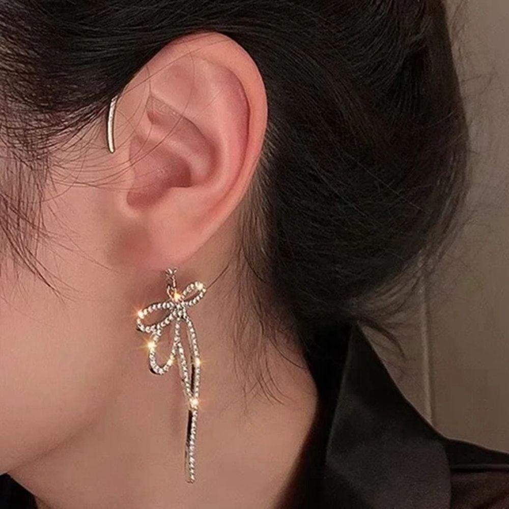 VANES1 Khuyên Tai Móc Nơ Kim Loại Đính Đá Sang Trọng