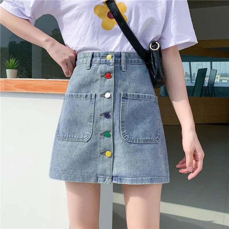 Chân Váy Jeans Lưng Cao Plus Size Phong Cách Hàn Quốc