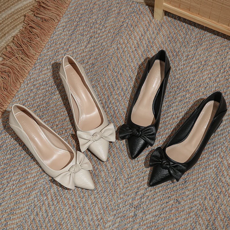 Giày Cao Gót Nữ 5p Gót Vuông Có Nơ Điệu Đà Mã A1NBUOC