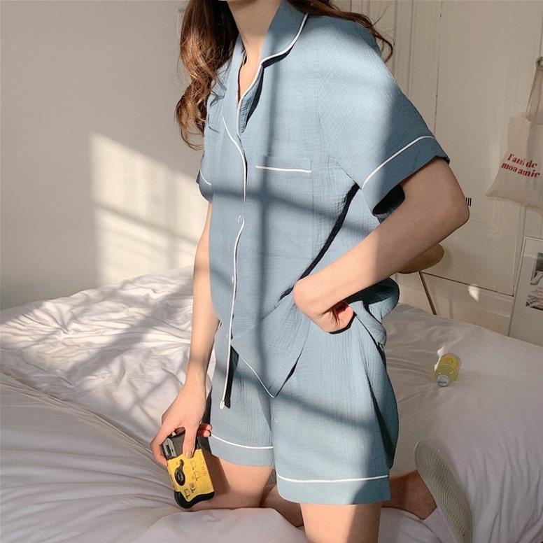 TY Đồ ngủ màu pastel cao cấp vải xốp phong cách tiểu thư tay ngắn