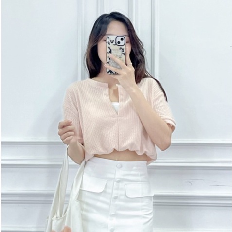 SET 2 ÁO LIỀN NHAU len dệt kim Montoghi Quảng Châu cổ V dáng croptop nhúm eo siêu xinh