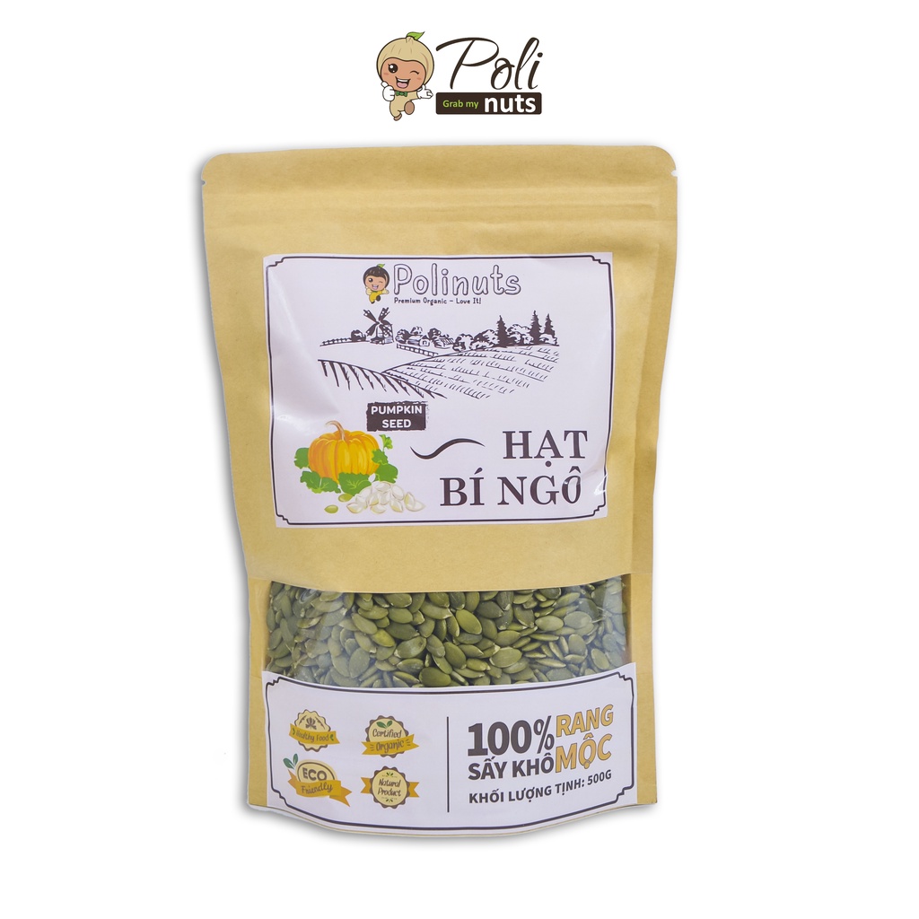 Hạt Bí Ngô Rang Mộc Polinuts Nhập Khẩu Ấn Độ Ăn Trực Tiếp, Xay Sữa Hạt Túi 200g / 500g