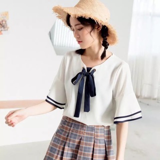 Áo kiểu cột nơ tay loe phối màu