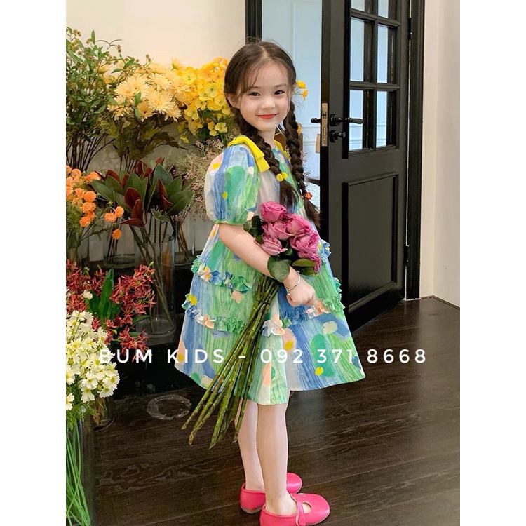 Váy hoa xanh đính nơ vàng điệu đà cho bé gái từ 8-35kg cao cấp G20