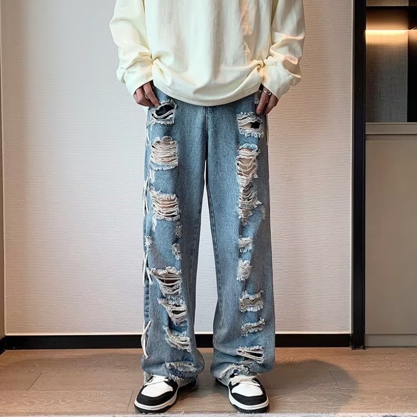 Quần jeans Trơn Ống Rộng Thiết Kế Xẻ Rách Đơn Giản Thời Trang unisex