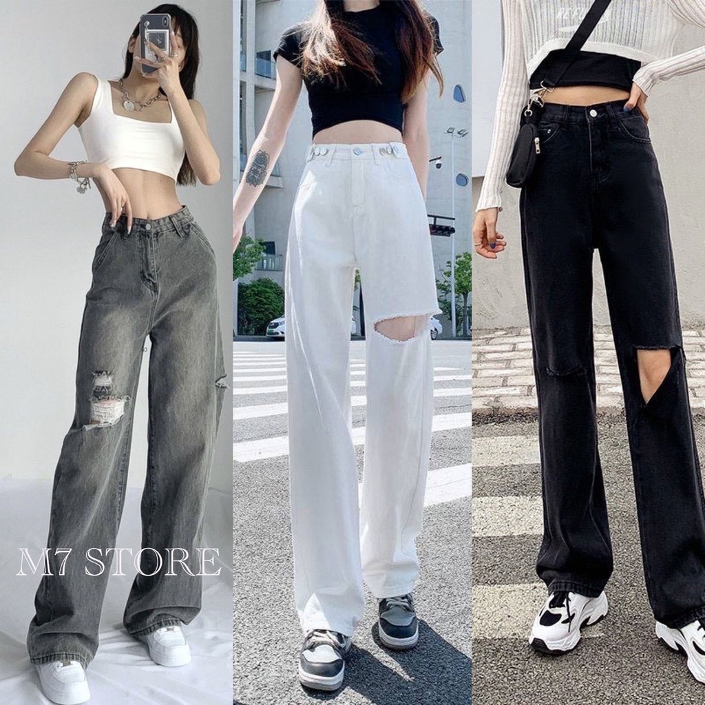 Quần jean nữ ống rộng dáng xuông vải bò rách gối basic màu xám phong cách Ulzzang đủ size S M L