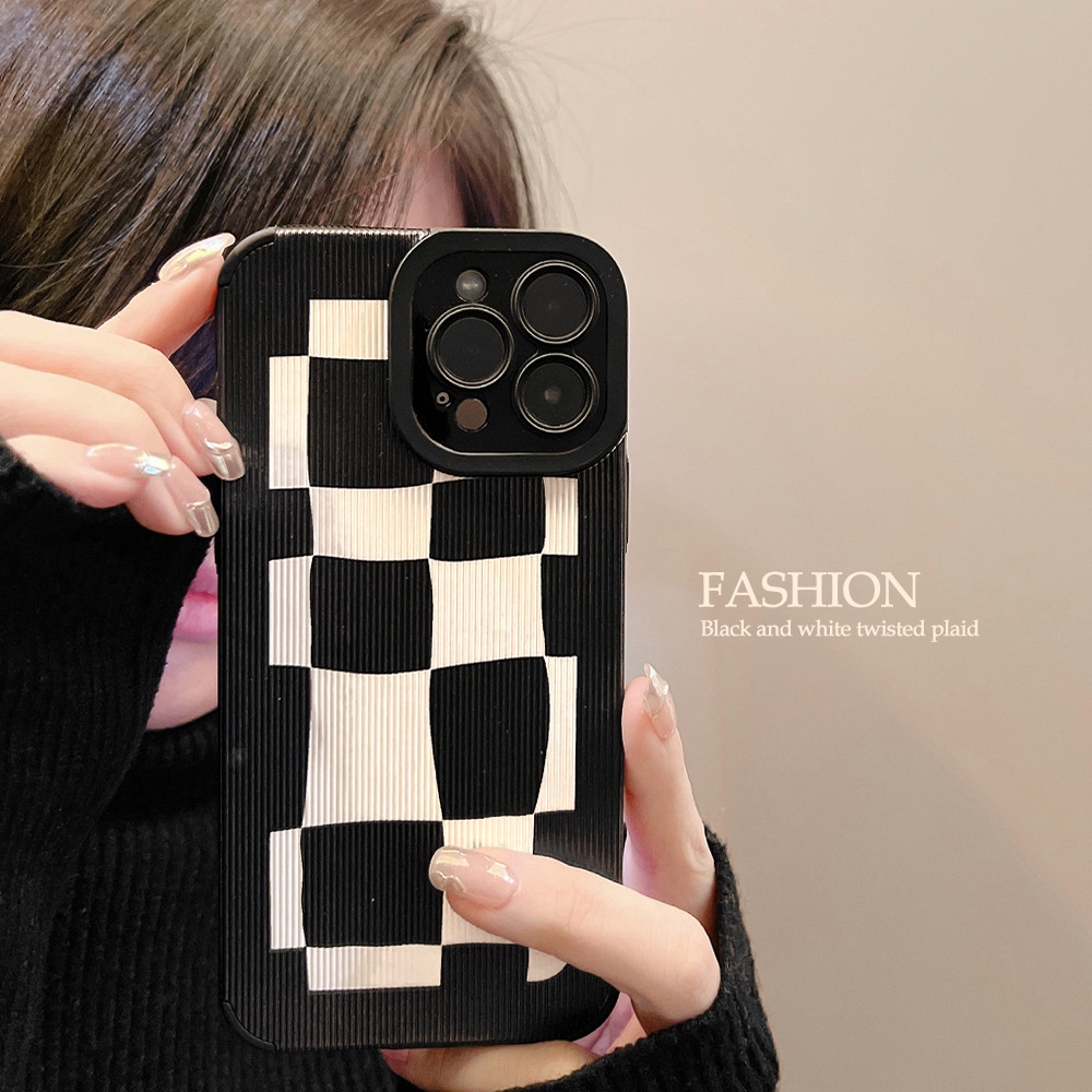 Ốp Điện Thoại Mềm Họa Tiết Sọc Caro Màu Đen Bảo Vệ Ống Kính iphone 7 8 plus x xr xs 11 12 13 14 15 mini pro max se 2020