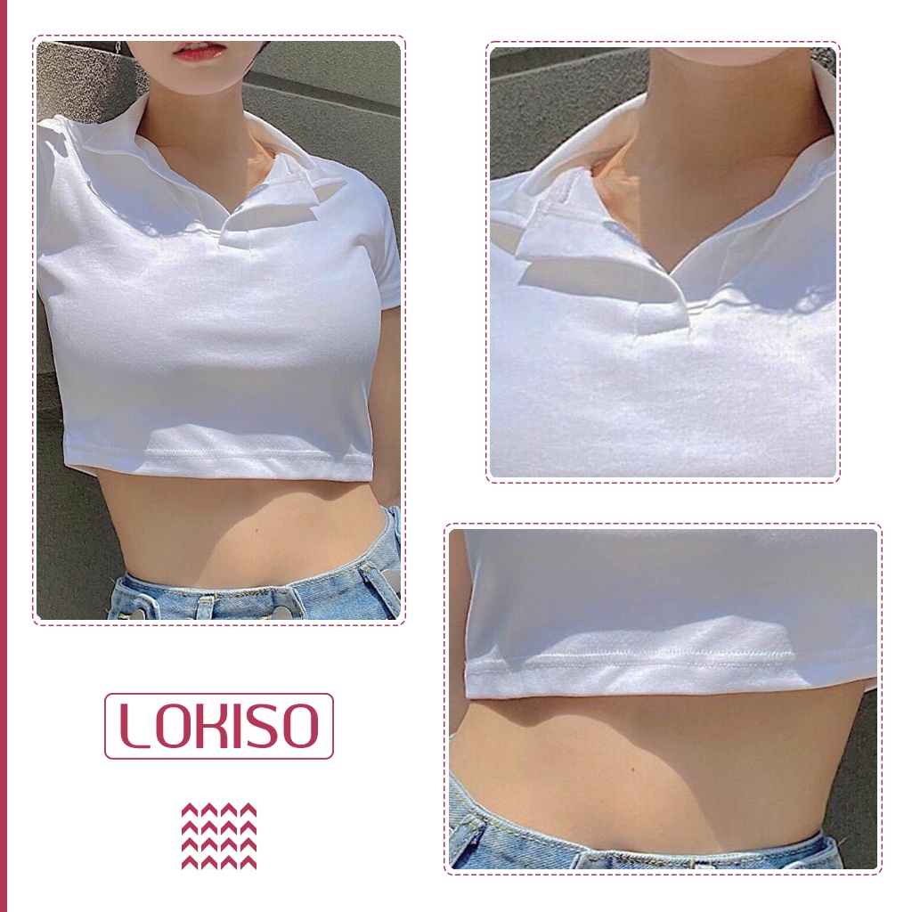 Áo croptop nữ tay ngắn cổ chữ v kiểu polo form rộng LOKISO CT05