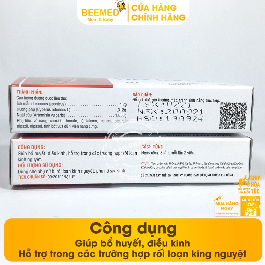 Viên uống Ích Mẫu - Bổ huyết, điều kinh, giảm rối loạn kinh nguyệt - Hộp 20 viên - đ.y