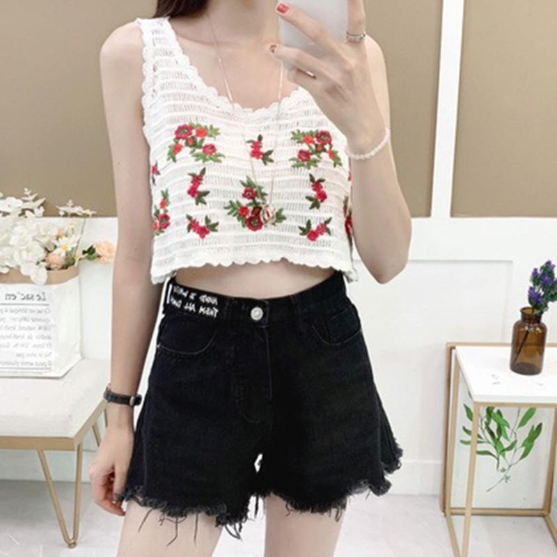 Brroa Áo Croptop Dệt Kim Không Tay Thêu Họa Tiết Hoa Lá Phong Cách Bohemian Thời Trang Mùa Hè Cho Nữ