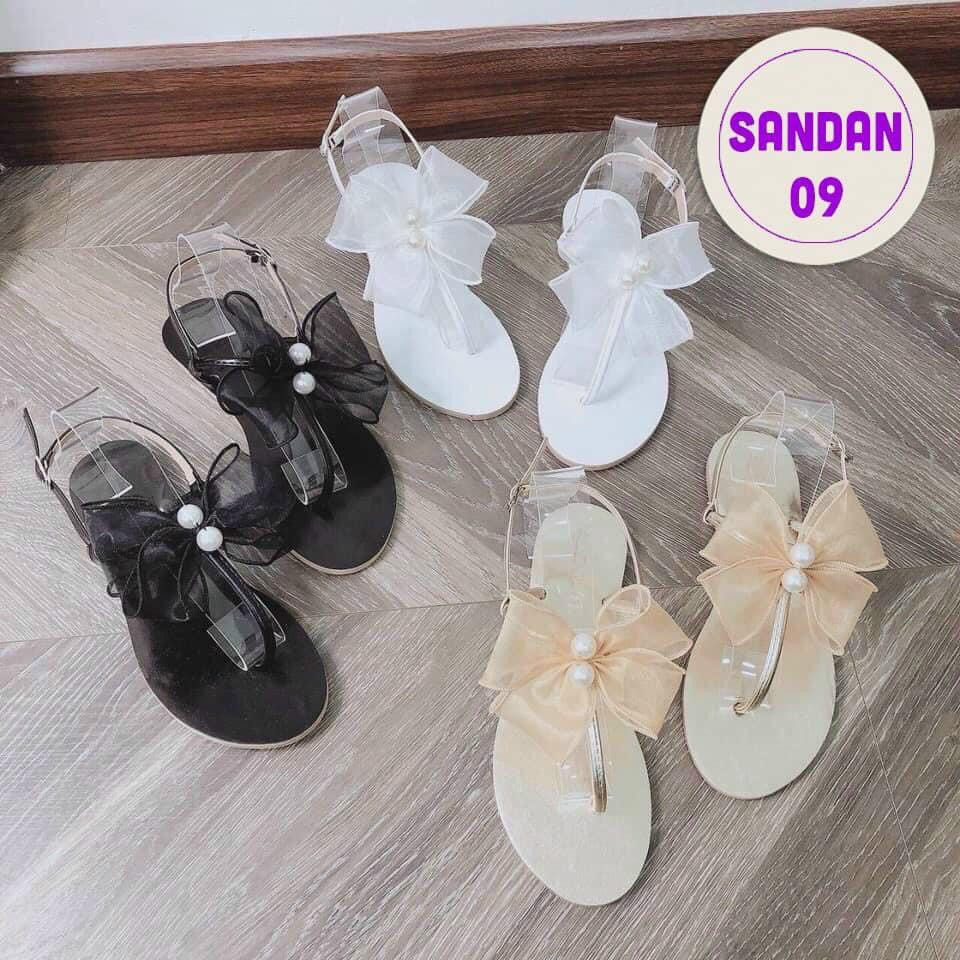 Sandal Sỏ Ngón Nữ Đính Nơ Ngọc- Sandal Xỏ Ngón Nơ- Xăng đan Kẹp Ngón Đính Ngọc Tiểu Thư Sang Chảnh- Sandal Xỏ Ngón Ngọc