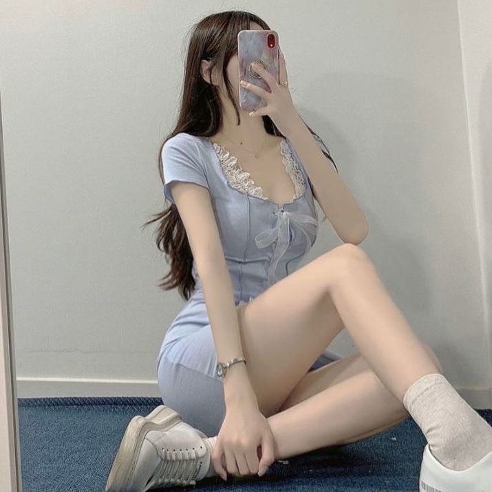 Set Áo Ren Ngắn Tay + Chân Váy Ngắn Quyến Rũ Cho Nữ