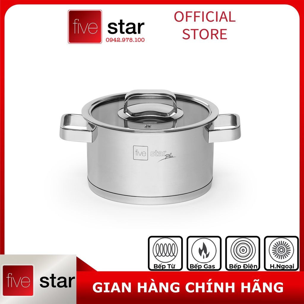 Nồi thân cao 3 đáy inox 304 Fivestar Plus bếp từ quai vuông nắp kính ( 16cm / 18cm / 20cm / 24cm )