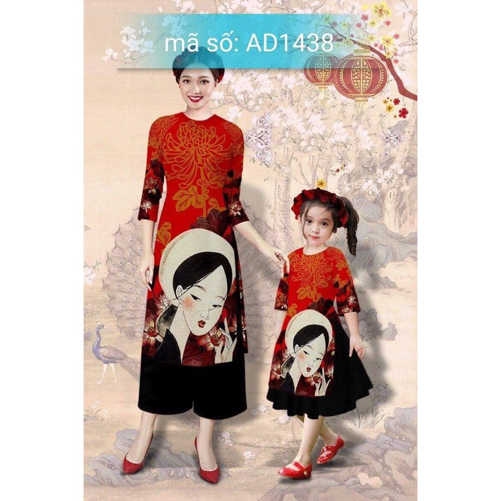 AD1428 Có size lớn 3XL Set Áo Dài cách tân mẹ và bé họa tiết cô tắm.