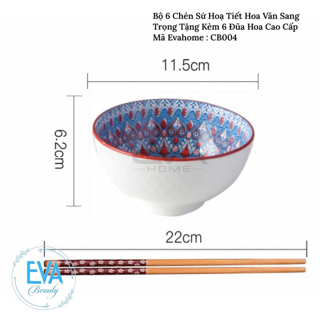 SÉT 6 Chén Sứ Hoạ Tiết Hoa Văn Phong Cách Tặng Kèm 6 Đũa Hoá ĐẸP