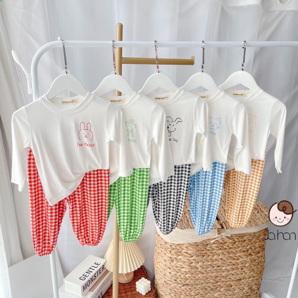 Bộ Quần Áo Trẻ Em  KID Dài Tay Caro Ulzzang Cho Bé Trai Bé Gái từ 6 đến 18kg Chất Thun Lạnh