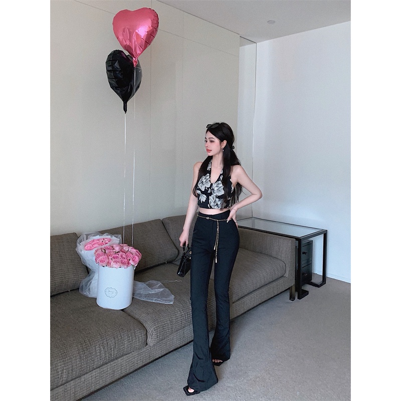 Cocory vn Áo Croptop Sát Nách Cổ Chữ V Hở Lưng In Họa Tiết Phong Cách Vintage Quyến Rũ Cho Nữ