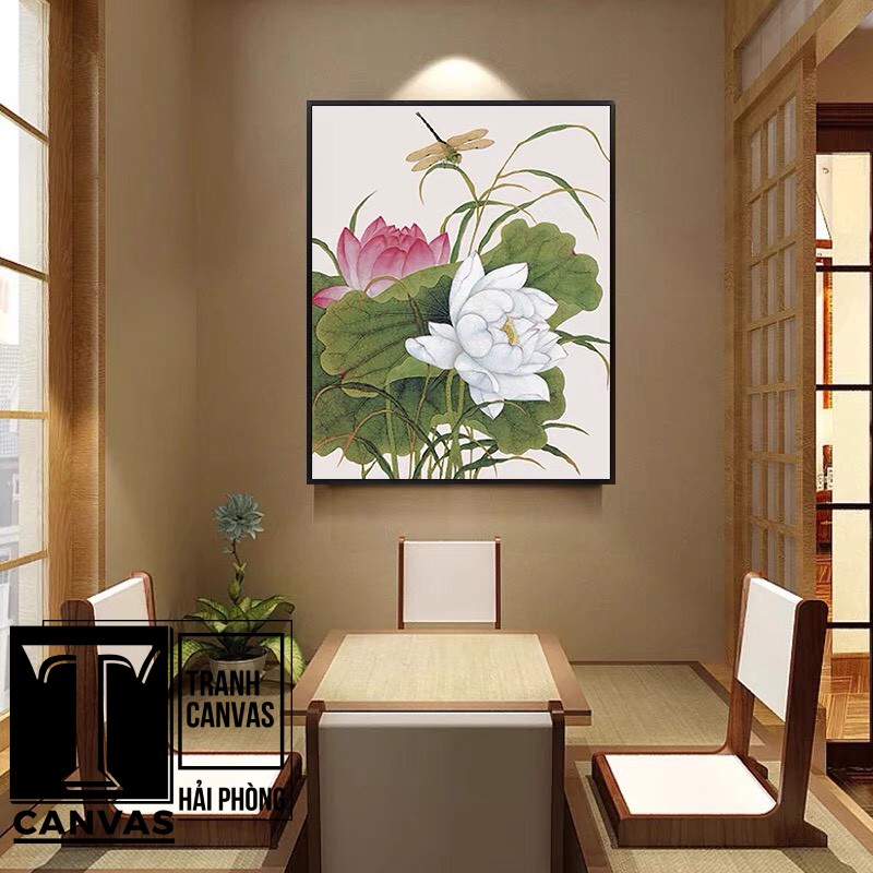 Tranh canvas treo tường phòng khách, tranh hiện đại nghệ thuật, tranh hoa sen H 87-94