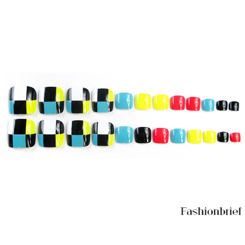 Set 24 Móng Chân Giả Họa Tiết Sọc Caro Thời Trang