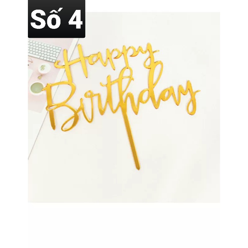 Cắm chữ mica, topper chữ Happy Birthday cắm bánh sinh nhật, bánh kem màu vàng