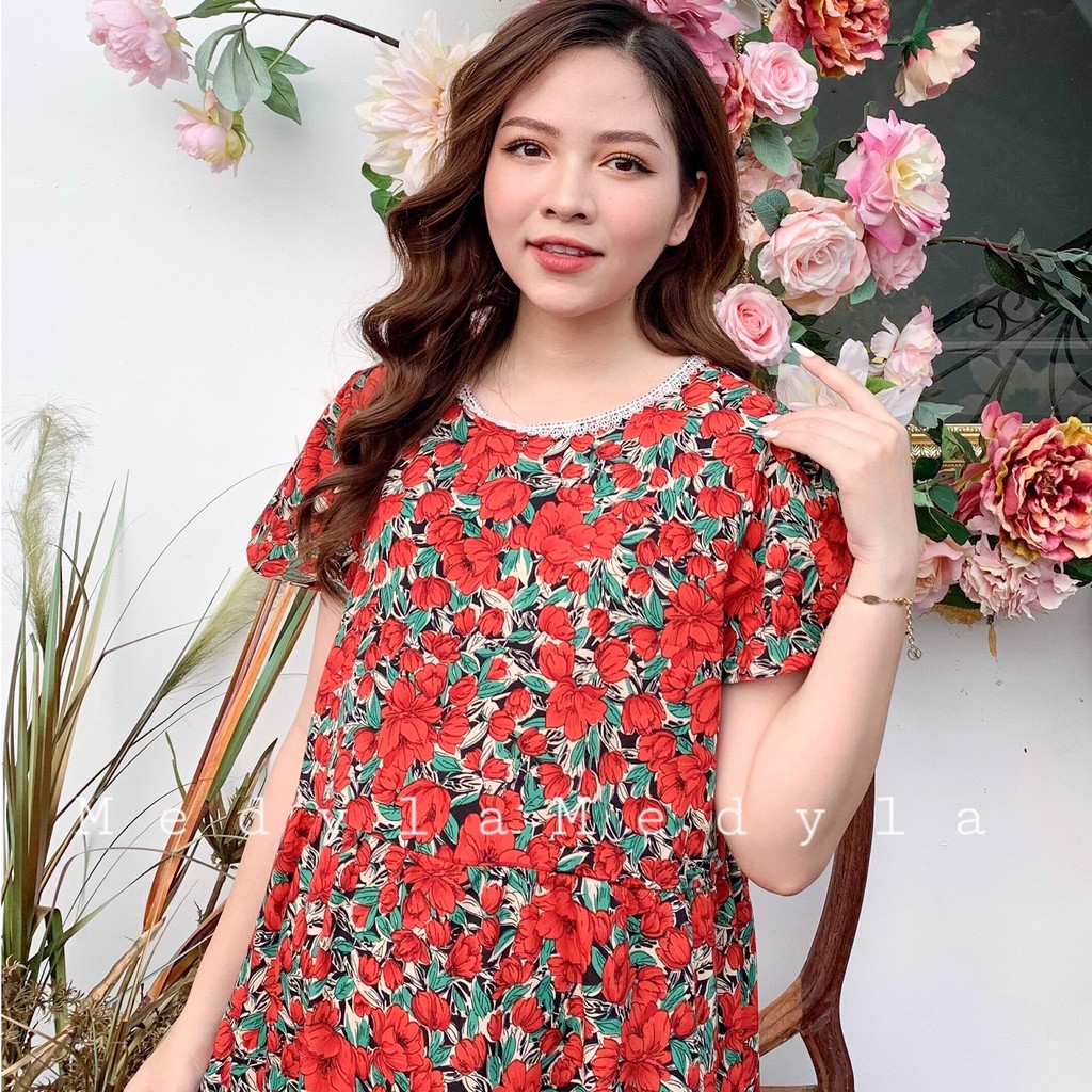 [HÀNG MỚI VỀ] Váy bầu mùa hè hoa nhí vintage - Đầm bầu công sở màu đỏ tôn da giấu bụng thiết kế Medyla - V140