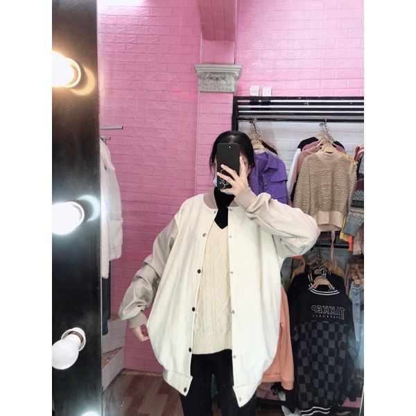 Áo Khoác Bomber thu đông nam nữ- Áo Jacket phối tay da hình thêu 2 mặt chất dày 1 lớp form thụng tay bồng Ulzzang unisex | BigBuy360 - bigbuy360.vn