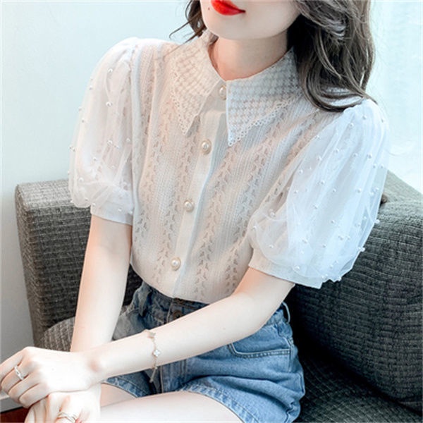 Áo Kiểu Tay Phồng Ngắn Dáng Rộng Phối Ren Lưới Thời Trang Hàn Quốc Cao Cấp Cho Nữ