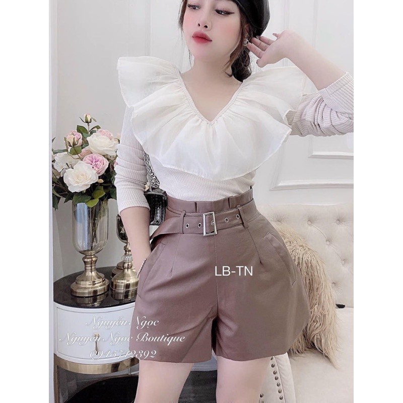 Quần short da phồng cạp cao kèm đai oze gs145