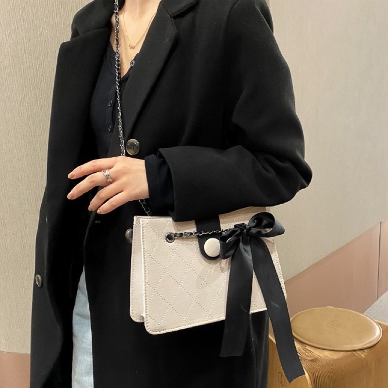 Túi Xách Nữ, Túi Công Sở Thắt Nơ Họa Tiết Ô Trám Sang Trọng, Dây Xích Phối Da Cao Cấp