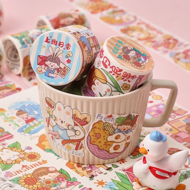 Cuộn 3m washitape sticker hình ảnh cô gái hằng ngày và đồ ăn thức uống dùng trang trí DIY, Scrapbook