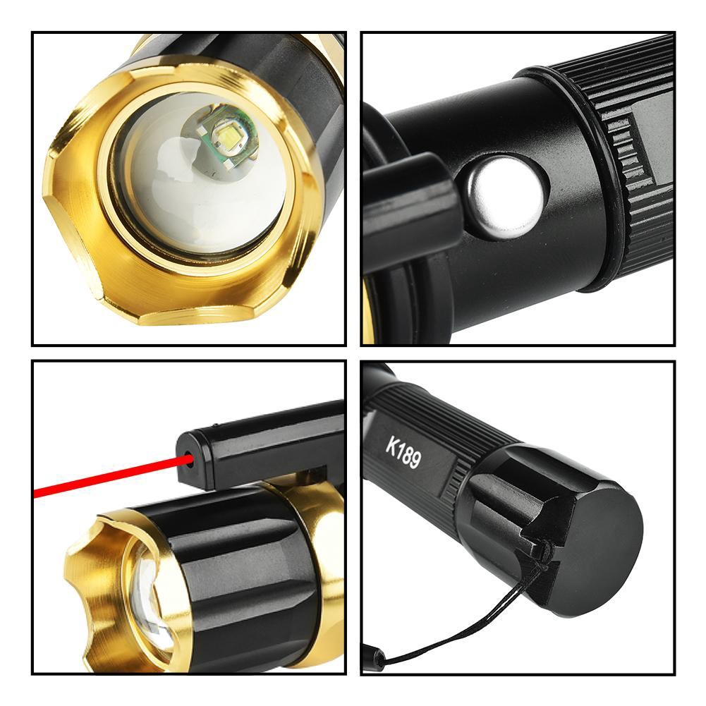 Đèn led 8000 LM Zoom T6 sử dụng pin sạc cho chùm tia laser đỏ