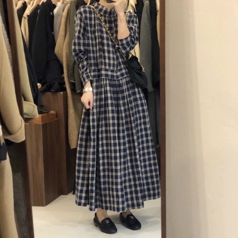 Order | Đầm caro dài tay dáng dài xếp ly