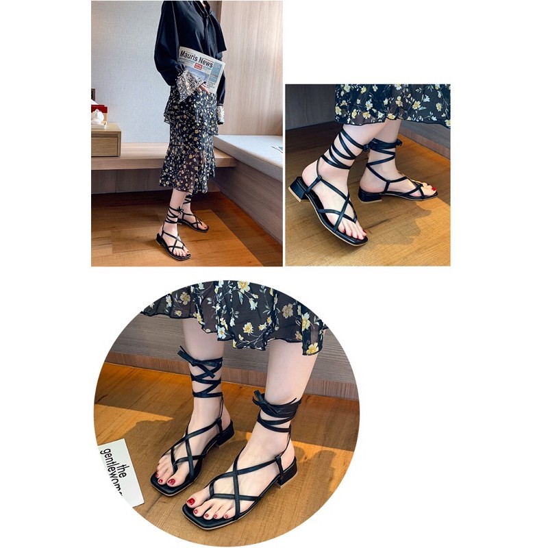[CÓ SẴN] Sandal buộc dây mũi vuông gót 5cm