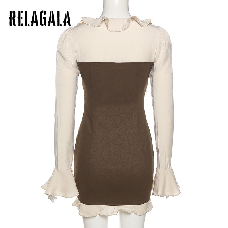 Đầm Relagala tay dài xếp nếp lưng cao ôm dáng màu trơn thời trang cho nữ