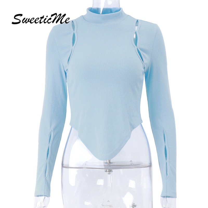 Áo Thun Tay Dài Dáng Ôm Màu Trơn Khoét Lỗ Thời Trang   Gợi Cảm Cho Nữ Màu Sắc