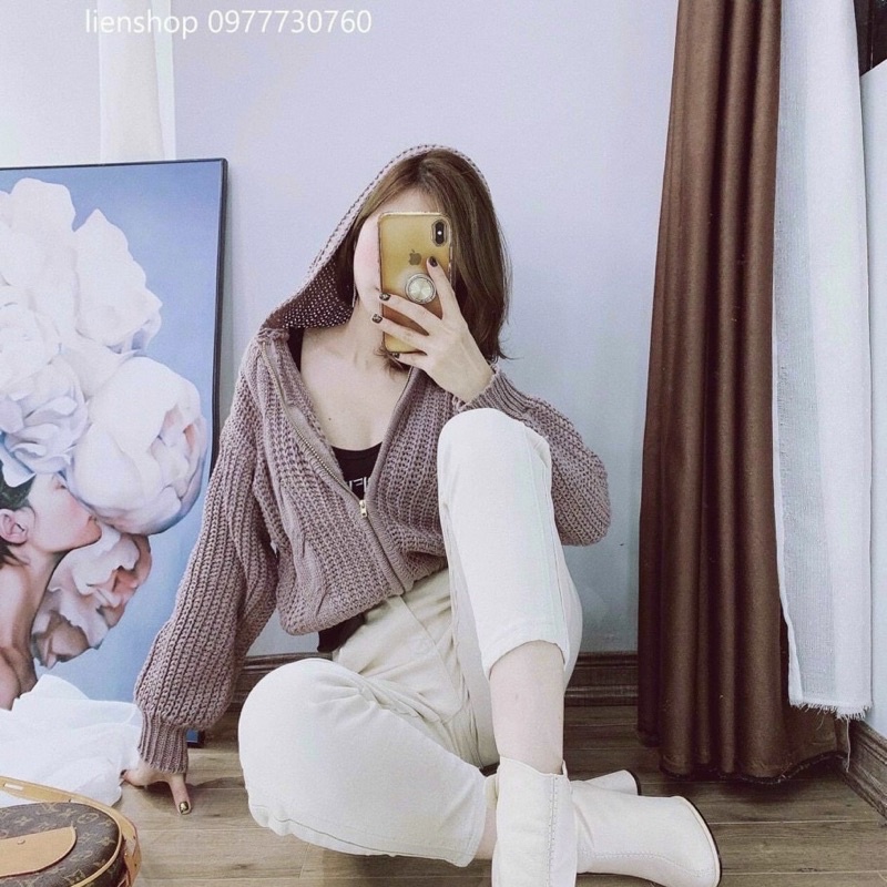 Áo Khoác Len Mũ Quảng Châu, Len Thừng Mũ To Kéo Khoá