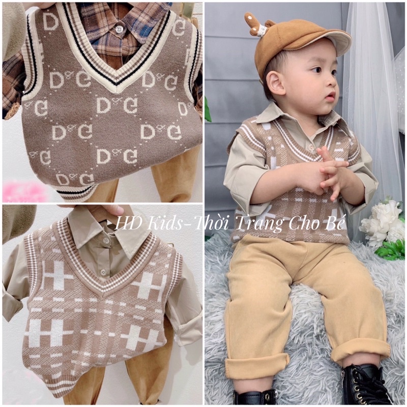 Set bộ quần áo bé trai sơ mi gile len 3 chi tiết, bộ thu đông bé trai