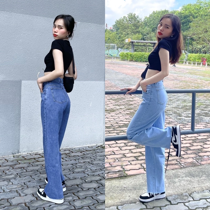 [ Hình Thật Shop Chụp] Quần Jeans Nữ  Ống Loe  Dài Lưng Cao Rách Lai Shop Yuri Jeans