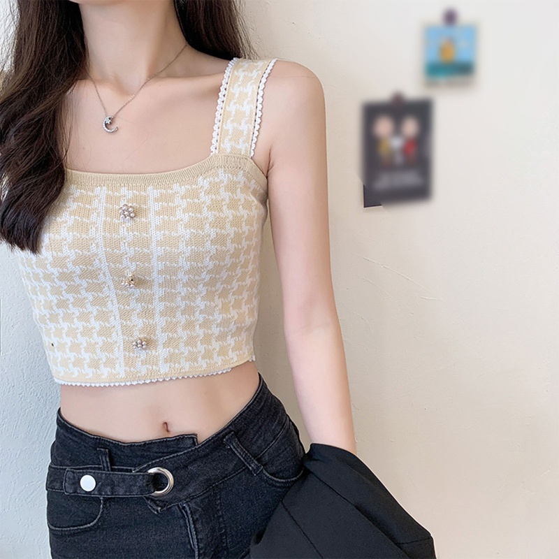Brroa Áo Croptop Dệt Kim Dây Bản Rộng Cài Nút Họa Tiết Houndstooth Đính Ngọc Trai Cho Nữ