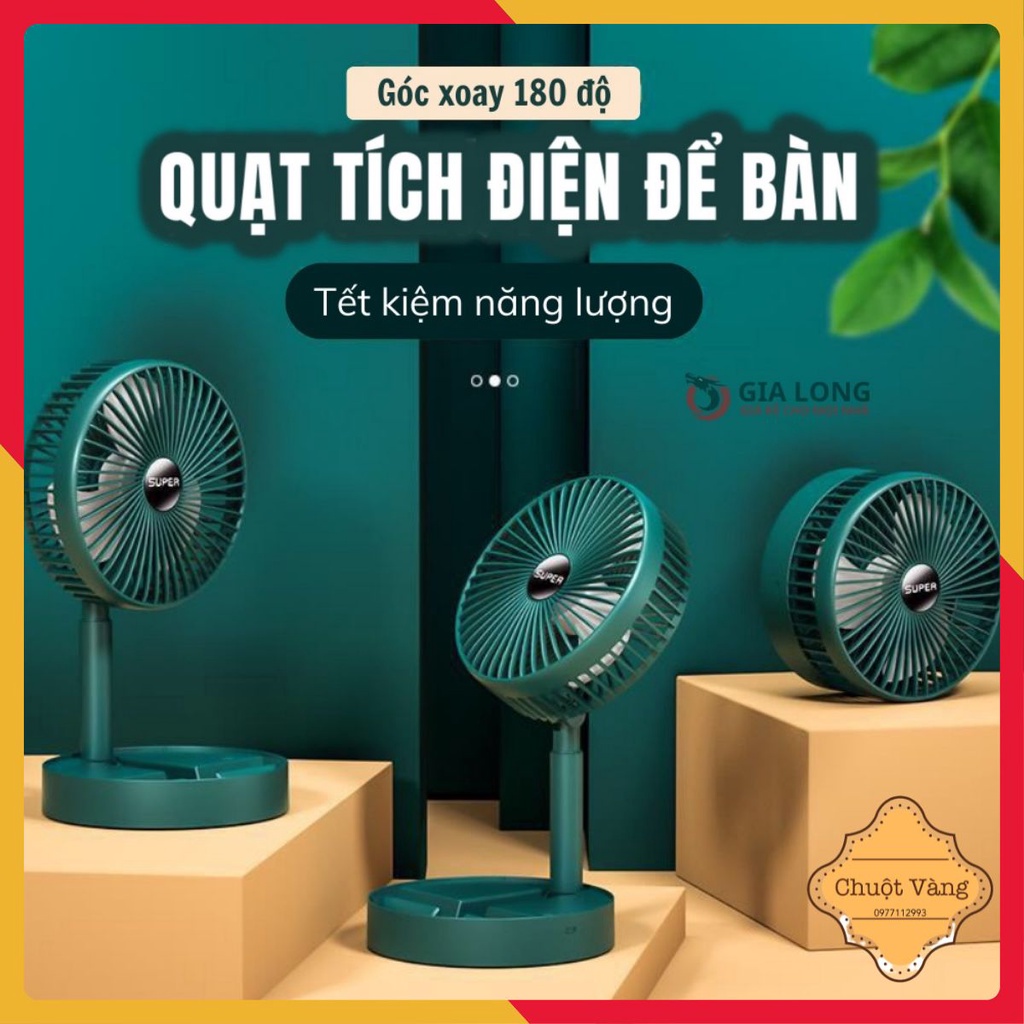 Quạt tích điện gấp gọn Super  mini để bàn 3 cấp độ gió siêu mát siêu bền tiện lợi