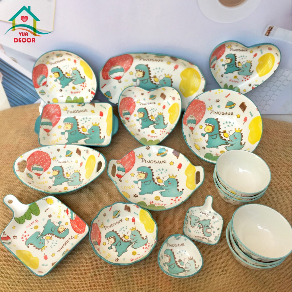 Set Bát Đĩa Decor 🦖🦖🦕 Khủng Long Xanh🦖🦖🦕 Siêu Dễ Thương Cao Cấp B86