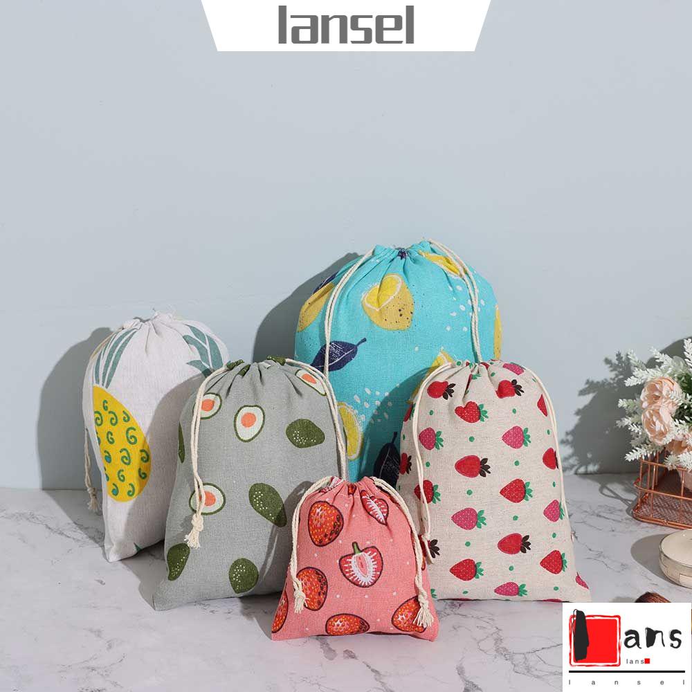 Túi dây rút bằng vải lanh cotton chống bụi in họa tiết trái cây dùng đựng đồ trang điểm