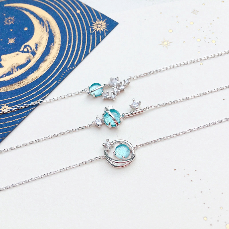 Vòng tay bạc mặt viên pha lê xanh dương phong cách hành tinh Gelang Tumpuk cho nữ